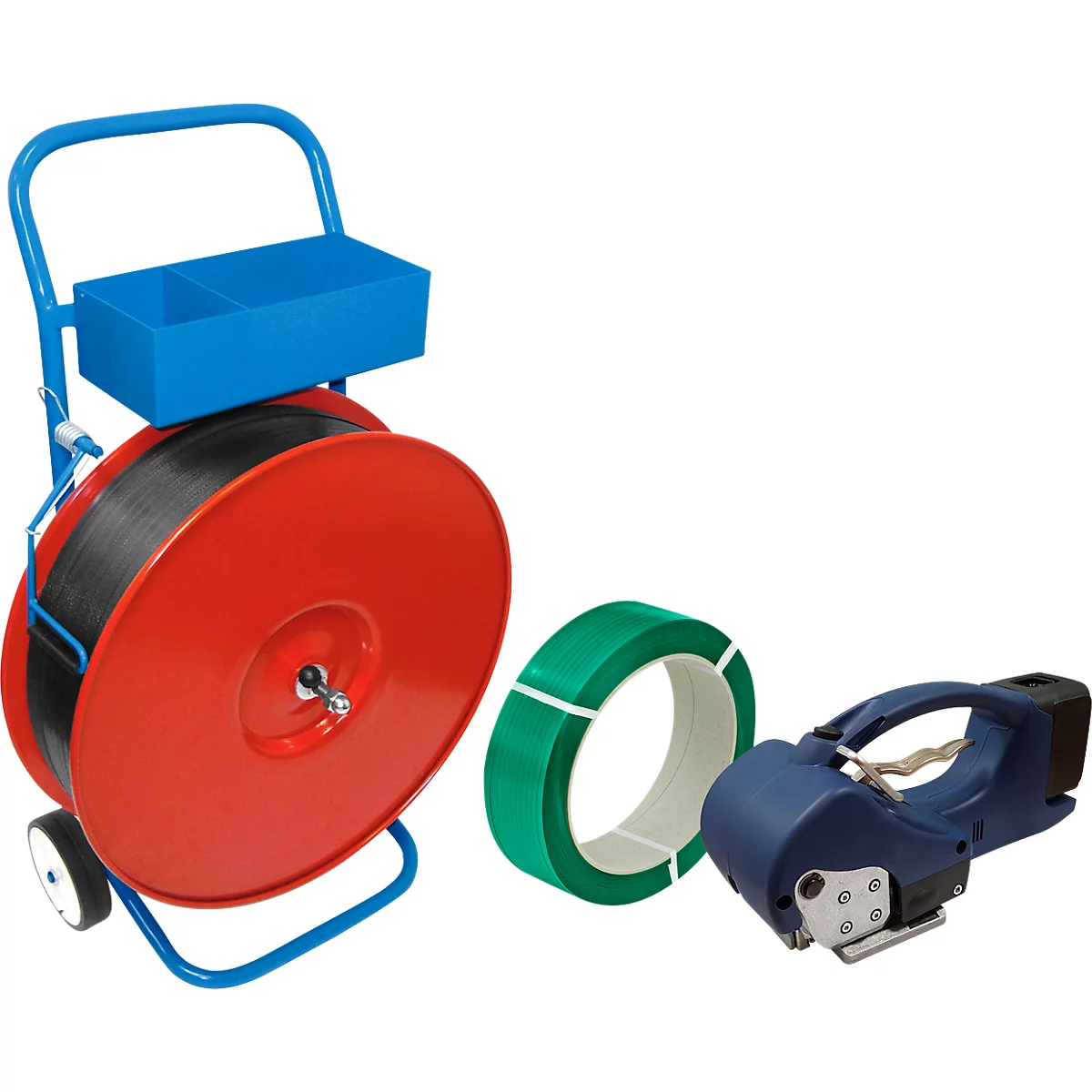 Kit de cerclage professionnel, avec chariot de déroulement peint, appareil de cerclage par accu BW-ECO-Plus &amp; KU feuillard en polyester, L 2000 m x l 15,5 mm, épaisseur 0,65 mm, gaufré, vert
