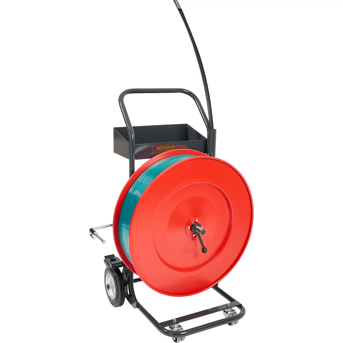 Kit de cerclage professionnel, avec chariot de déroulement Premium X, appareil de cerclage par accu BW-04 &amp; feuillard en polyester PET, L 1200 m x l 15,5 mm, épaisseur 0,9 mm, gaufré, vert