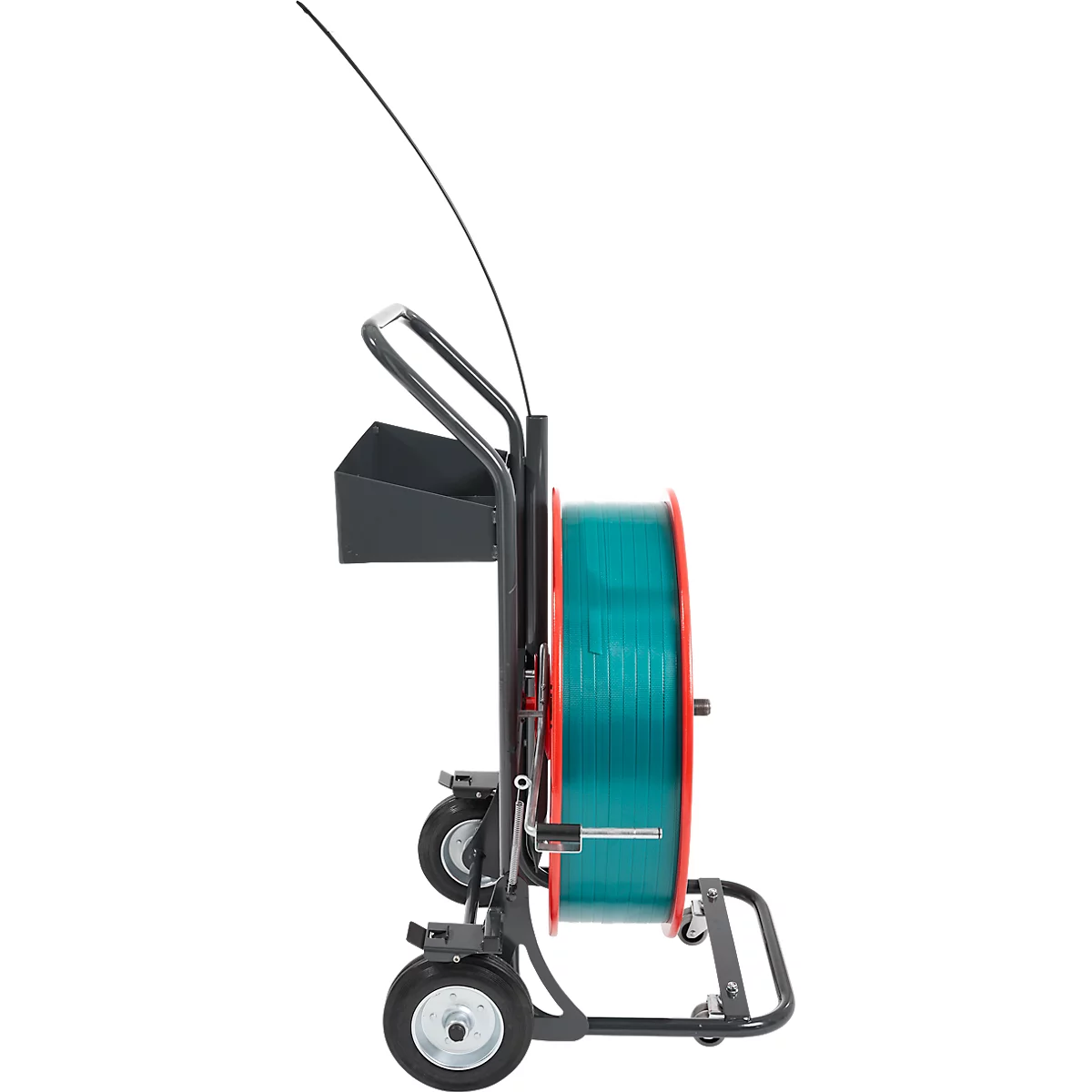 Kit de cerclage professionnel, avec chariot de déroulement Premium X, appareil de cerclage par accu BW-04 &amp; feuillard en polyester PET, L 1200 m x l 15,5 mm, épaisseur 0,9 mm, gaufré, vert
