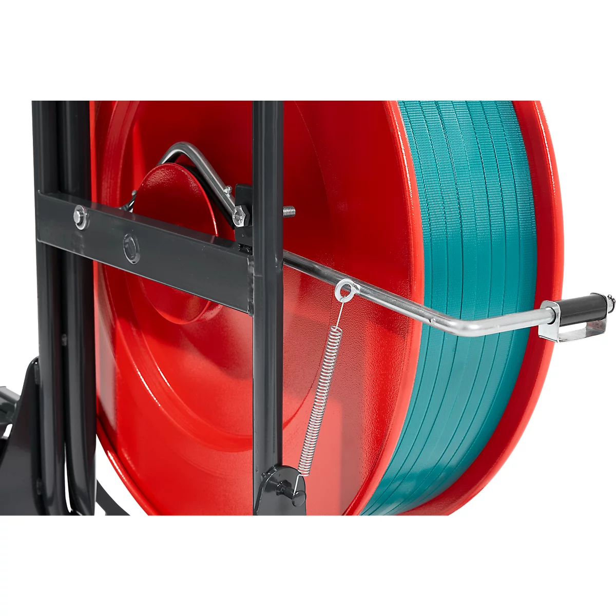 Kit de cerclage professionnel, avec chariot de déroulement Premium X, appareil de cerclage par accu BW-04 &amp; feuillard en polyester PET, L 1200 m x l 15,5 mm, épaisseur 0,9 mm, gaufré, vert