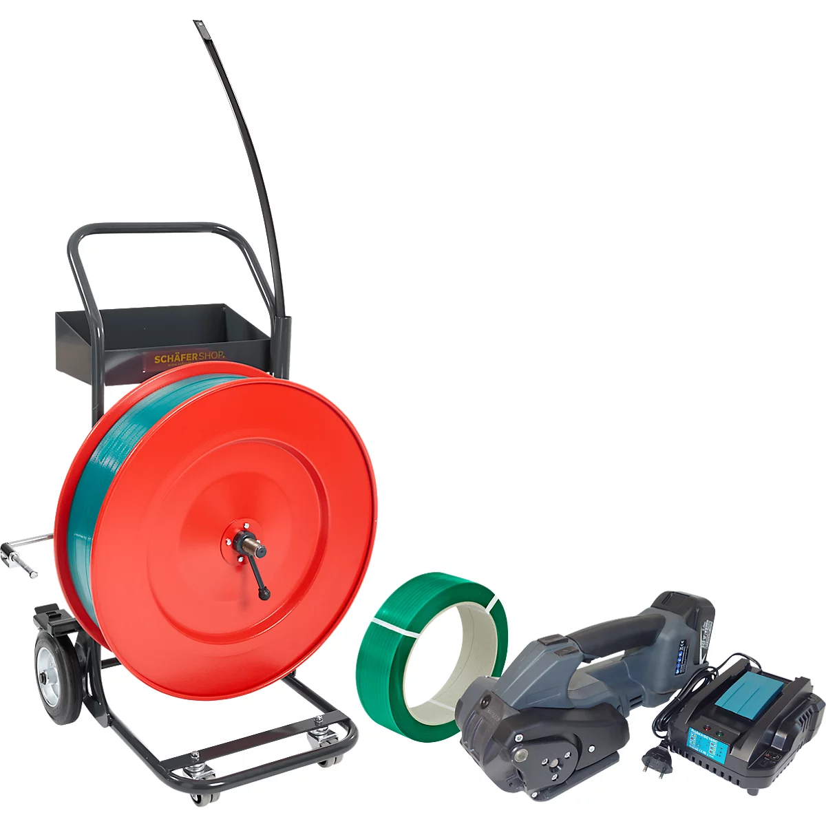 Kit de cerclage professionnel, avec chariot de déroulement Premium X, appareil de cerclage par accu BW-04 &amp; feuillard en polyester PET, L 1200 m x l 15,5 mm, épaisseur 0,9 mm, gaufré, vert