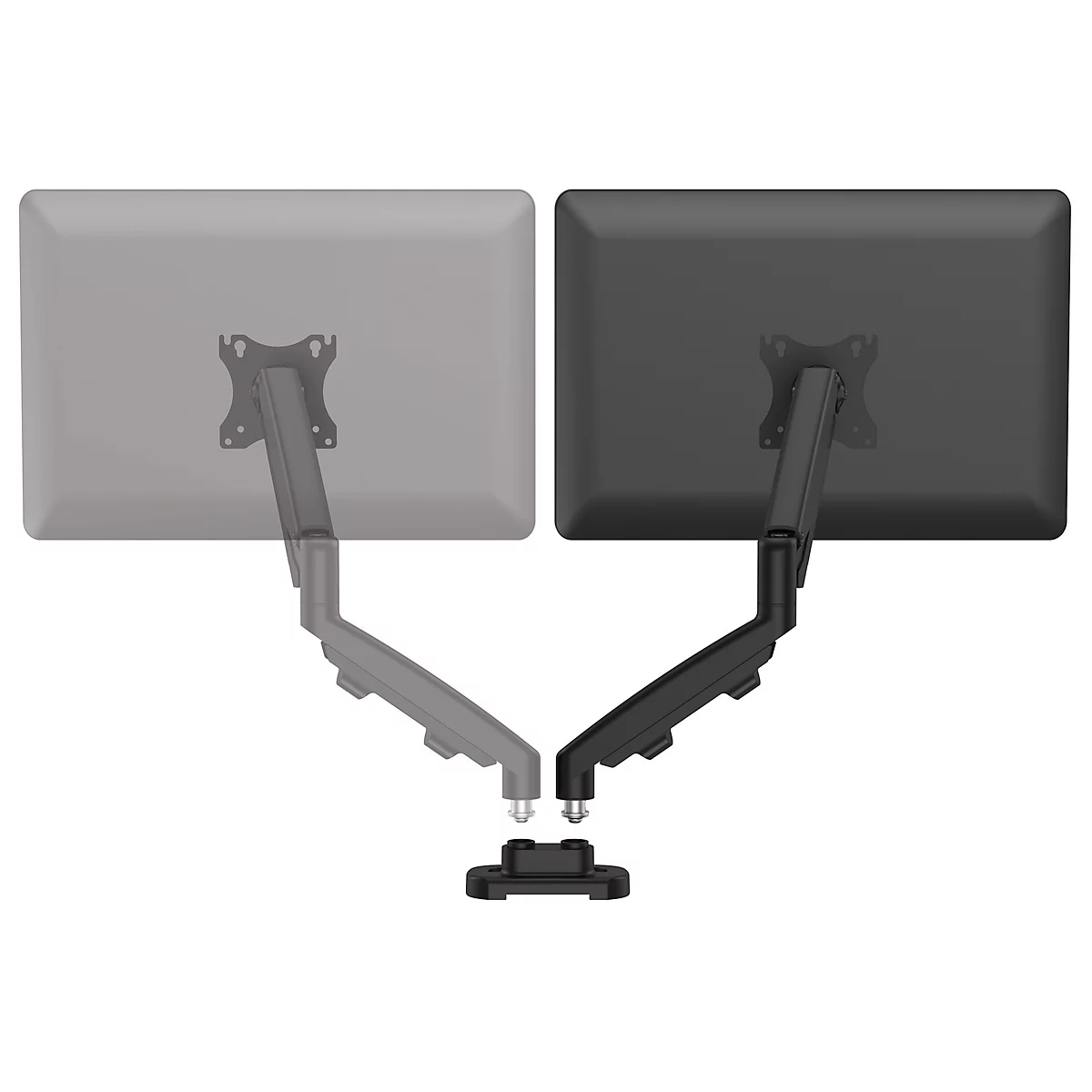 Support double moniteur, gris et noir, montrant les moniteurs par derrière.