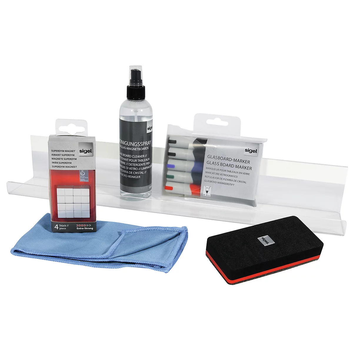 Set d'accessoires Sigel avec tablette, aimants, spray de nettoyage, marqueurs, chiffon microfibre et effaceur.