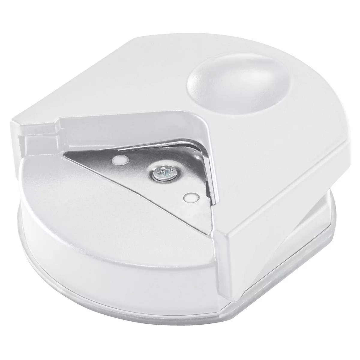 Arrondisseur d'angles en plastique blanc. Une lame métallique est visible pour couper les coins.