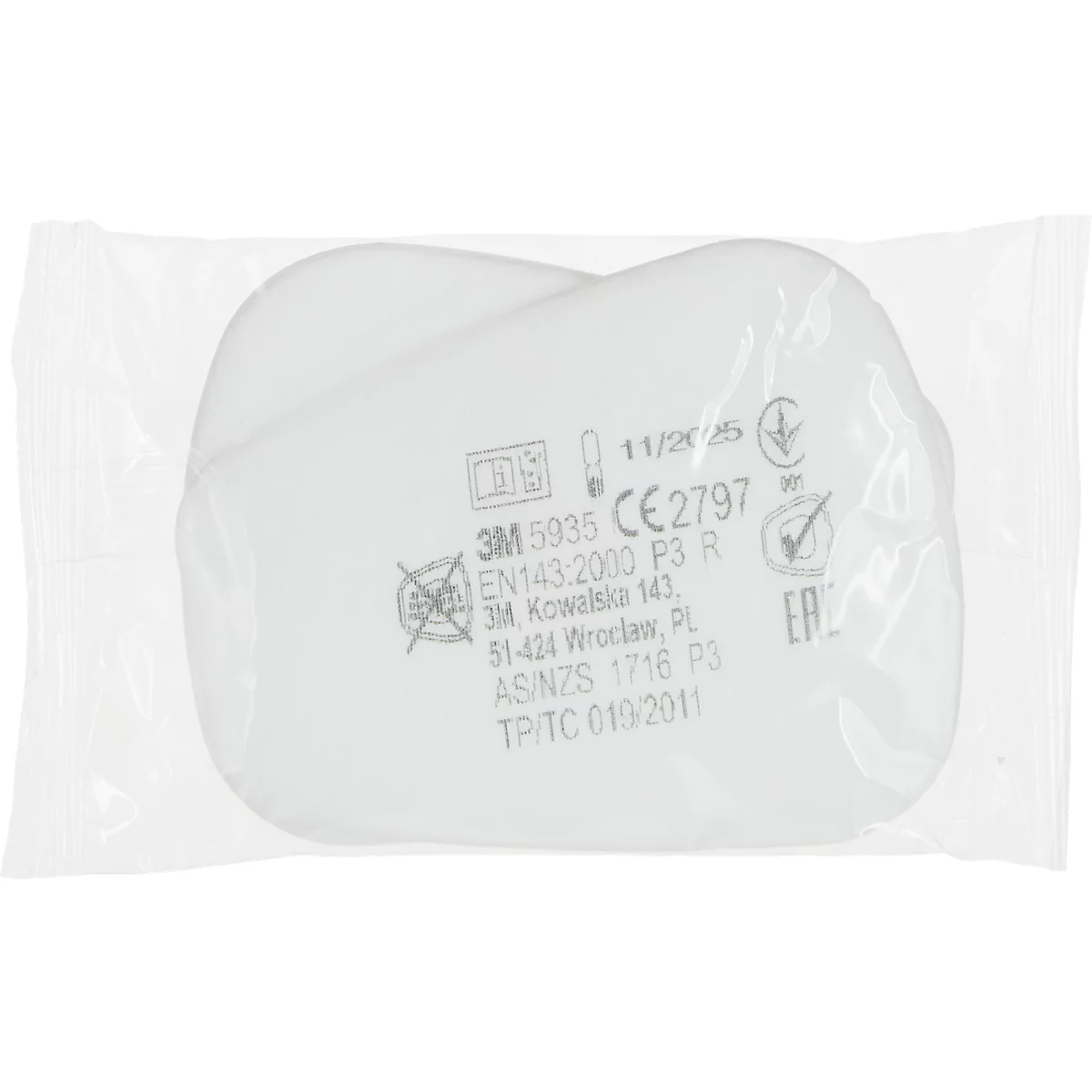Filtre dans un sac transparent. Imprimé avec des données techniques et des logos. Principalement blanc.