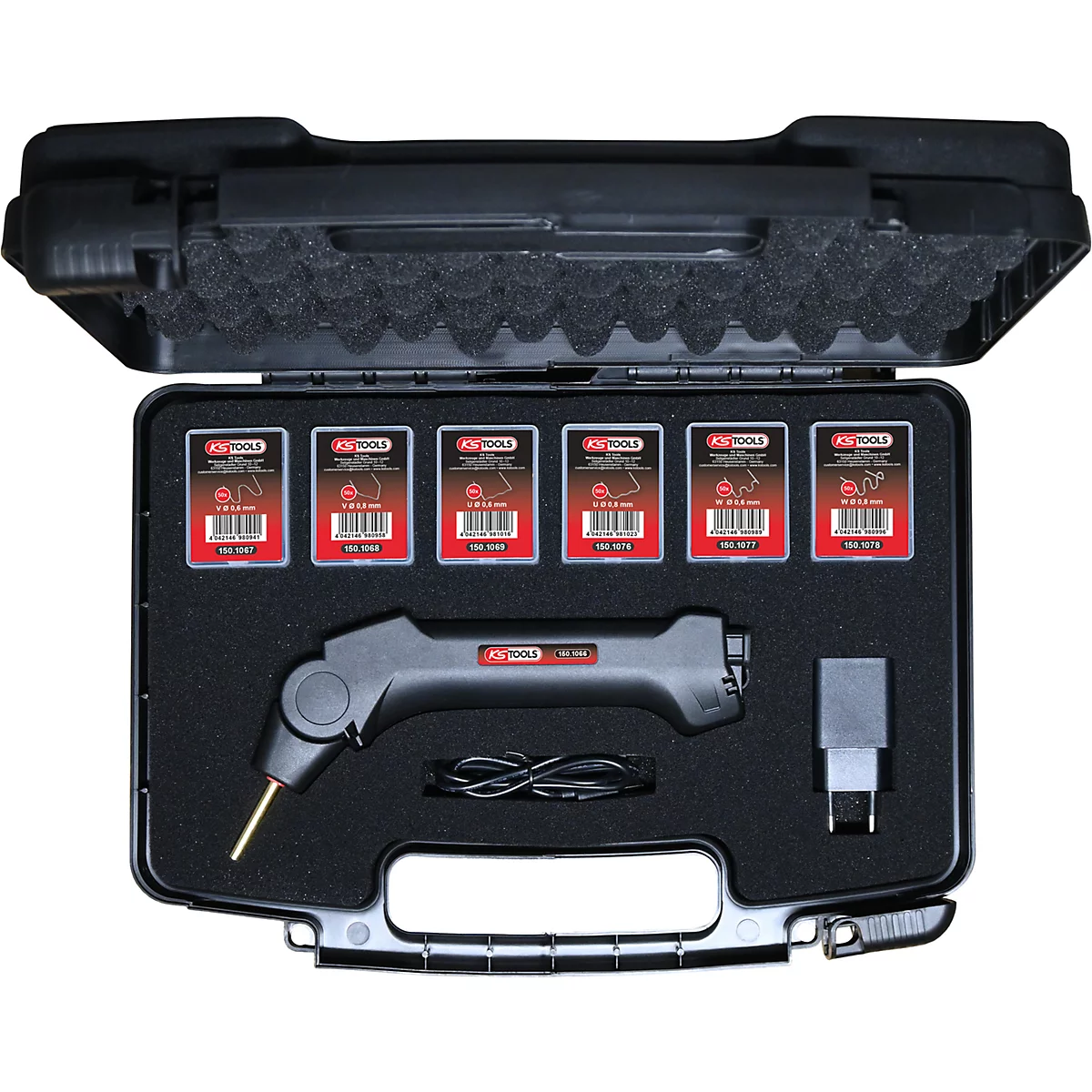 Mallette en plastique KS Tools contenant une agrafeuse thermique, des accessoires et six paquets d'agrafes.