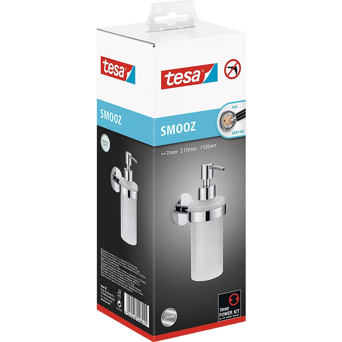 Kit distributeur de savon tesa Smooz, 200 ml, rechargeable, solution adhésive innovante, chromé