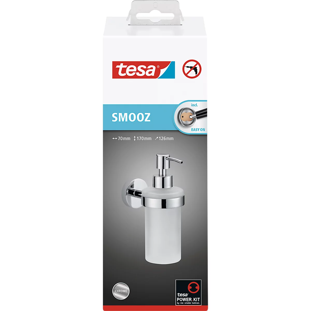 Kit distributeur de savon tesa Smooz, 200 ml, rechargeable, solution adhésive innovante, chromé