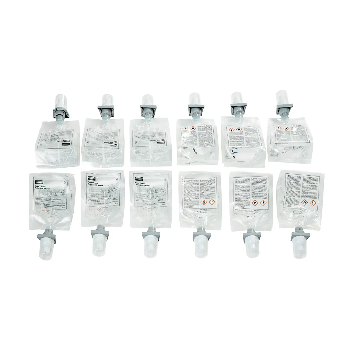 Vue de 10 recharges pour distributeurs de savon, transparentes, avec distributeurs gris.