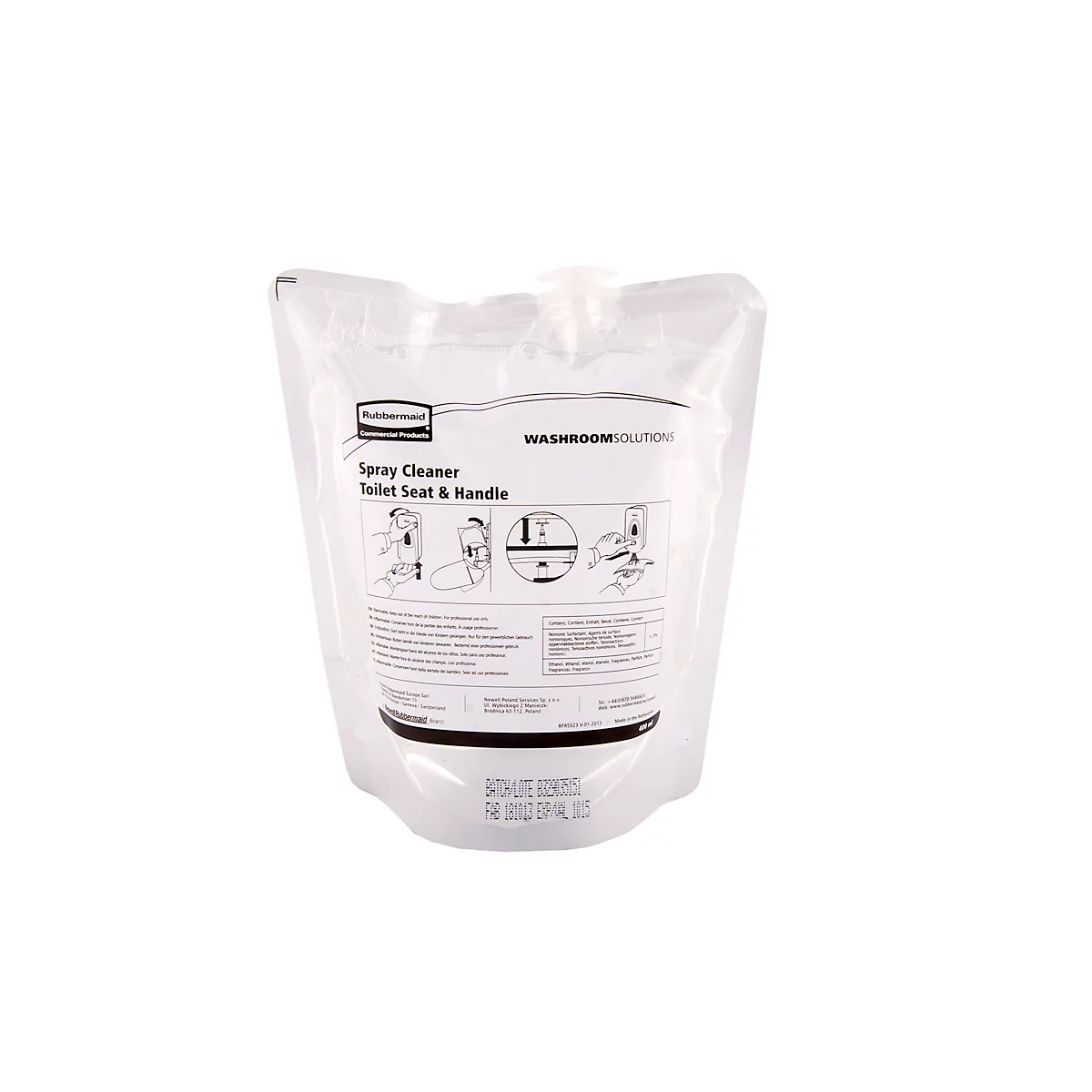 Sac transparent de nettoyant liquide, nom du produit et instructions sur l'étiquette.