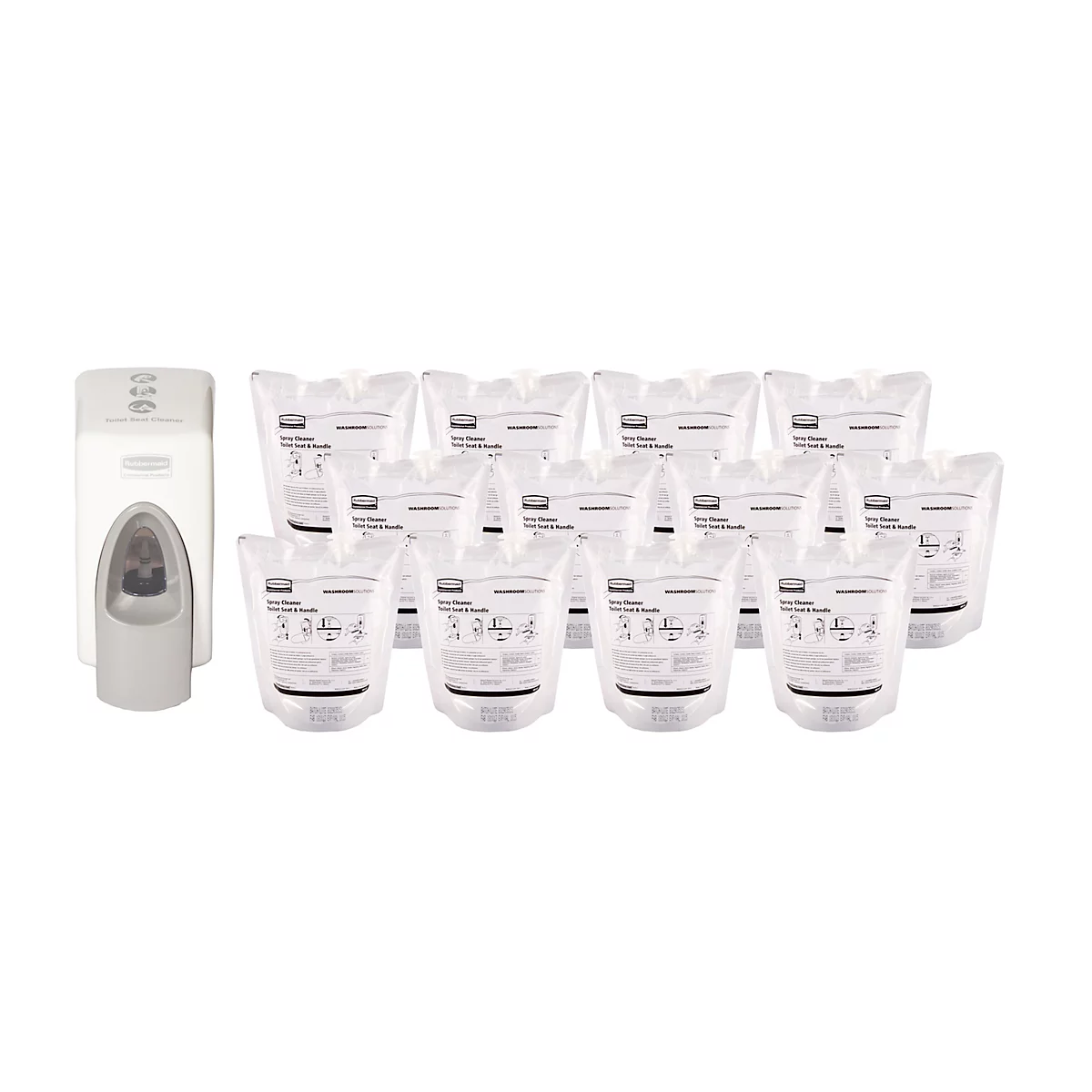 Distributeur de savon gris avec recharges sur fond blanc.