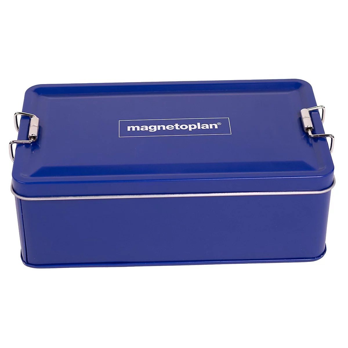 Boîte en métal bleue avec couvercle et inscription Magnetoplan sur fond blanc.