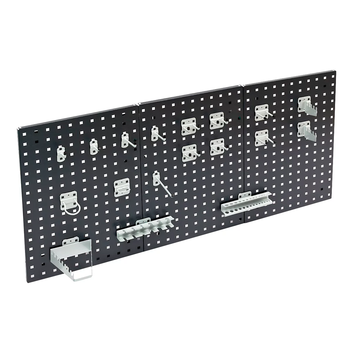 Kit porte-outils ADB, 18 pièces, pour parois perforées avec trous carrés 10 x 10 mm &amp; distance entre les trous 38 mm, acier revêtu par poudre, aluminium blanc RAL 9006