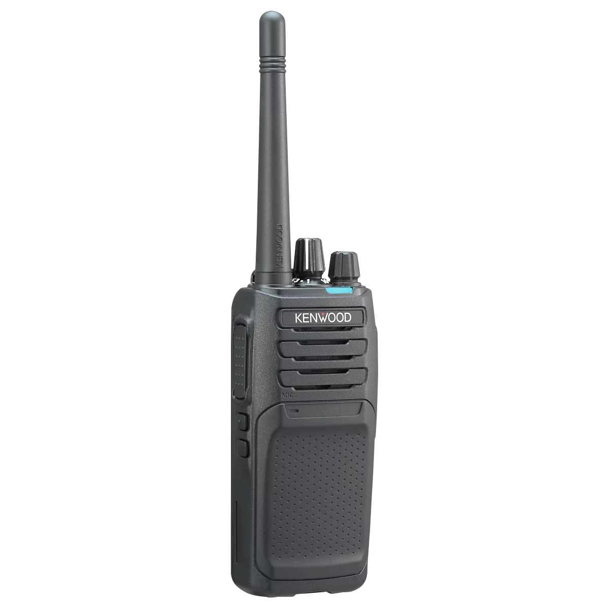 Radio gris avec antenne, boutons de commande et inscription KENWOOD.