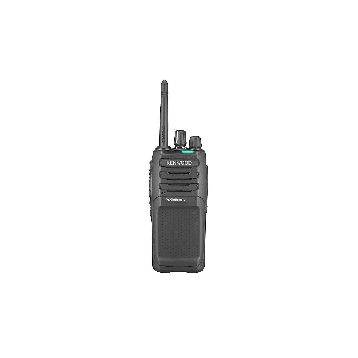 Talkie-walkie Kenwood gris, antenne, boutons, lettrage.