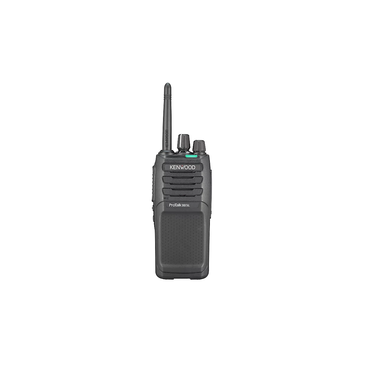 Talkie-walkie noir avec antenne et boutons; indique: Kenwood ProTalk.