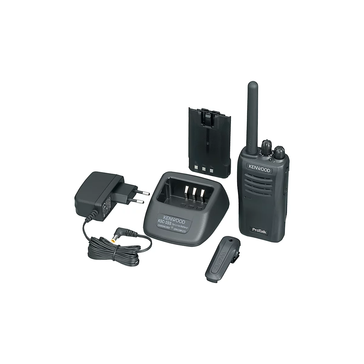 Talkie-walkie gris foncé avec accessoires, comme station de charge, alimentation et support de batterie.