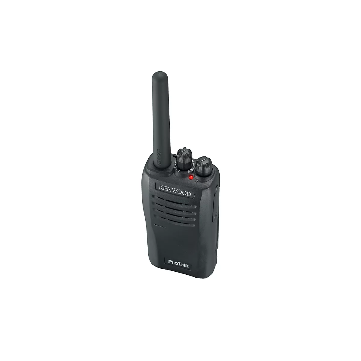 Un talkie-walkie Kenwood noir, avec antenne et boutons. L'appareil indique "Kenwood" et "ProTalk".