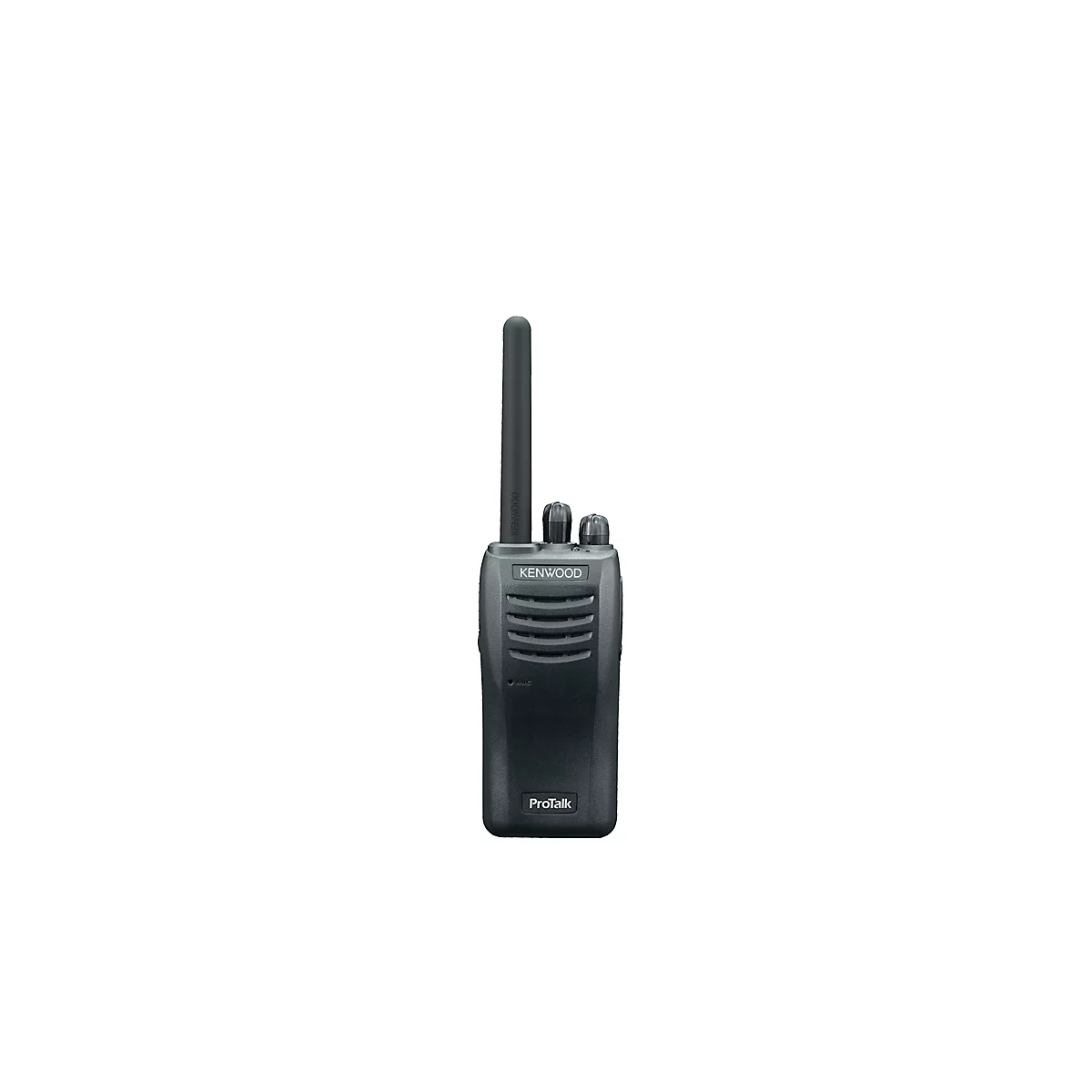 Radio noir avec antenne et les inscriptions "KENWOOD" et "ProTalk".