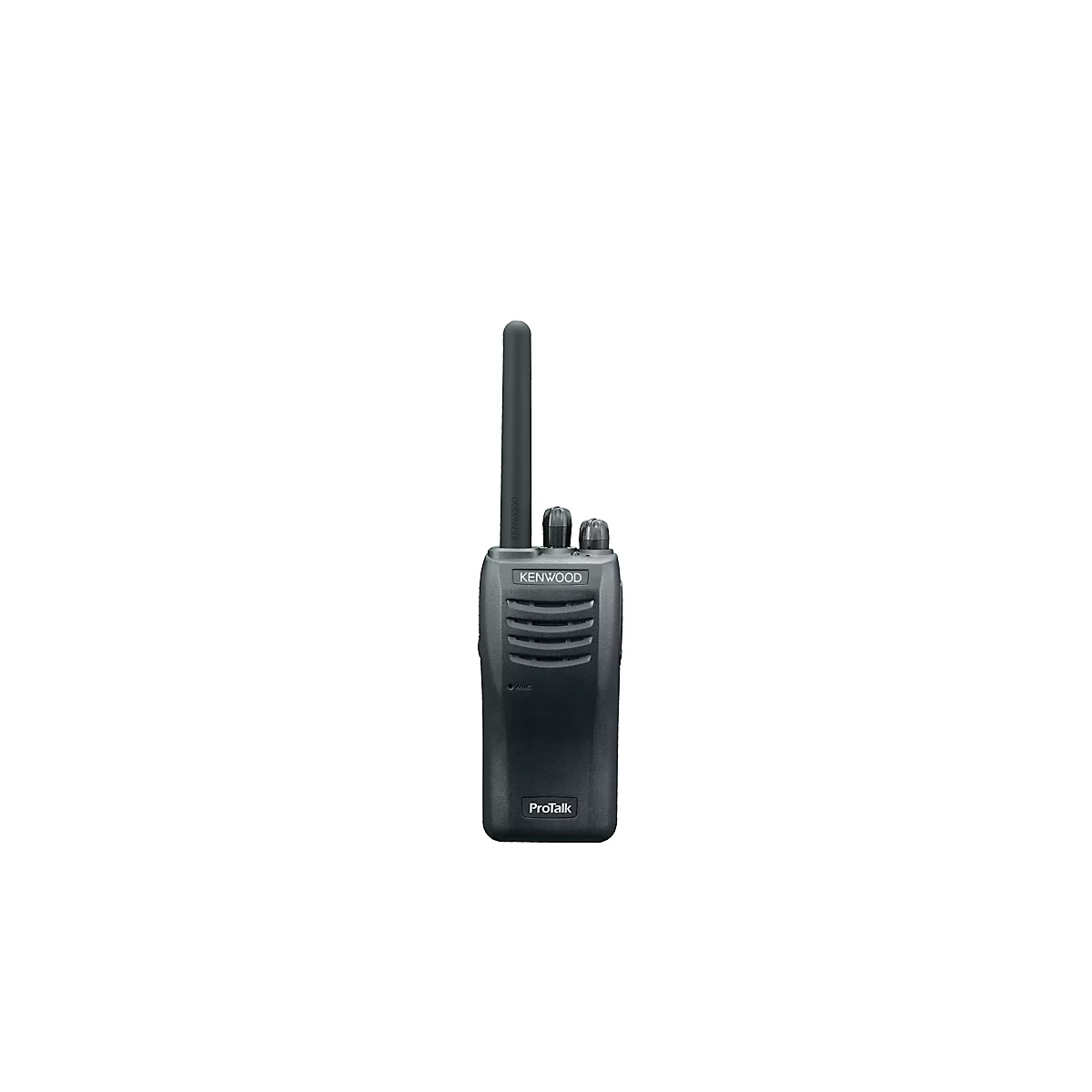 Talkie-walkie noir avec antenne. Deux boutons en haut, en dessous l'inscription KENWOOD et ProTalk.