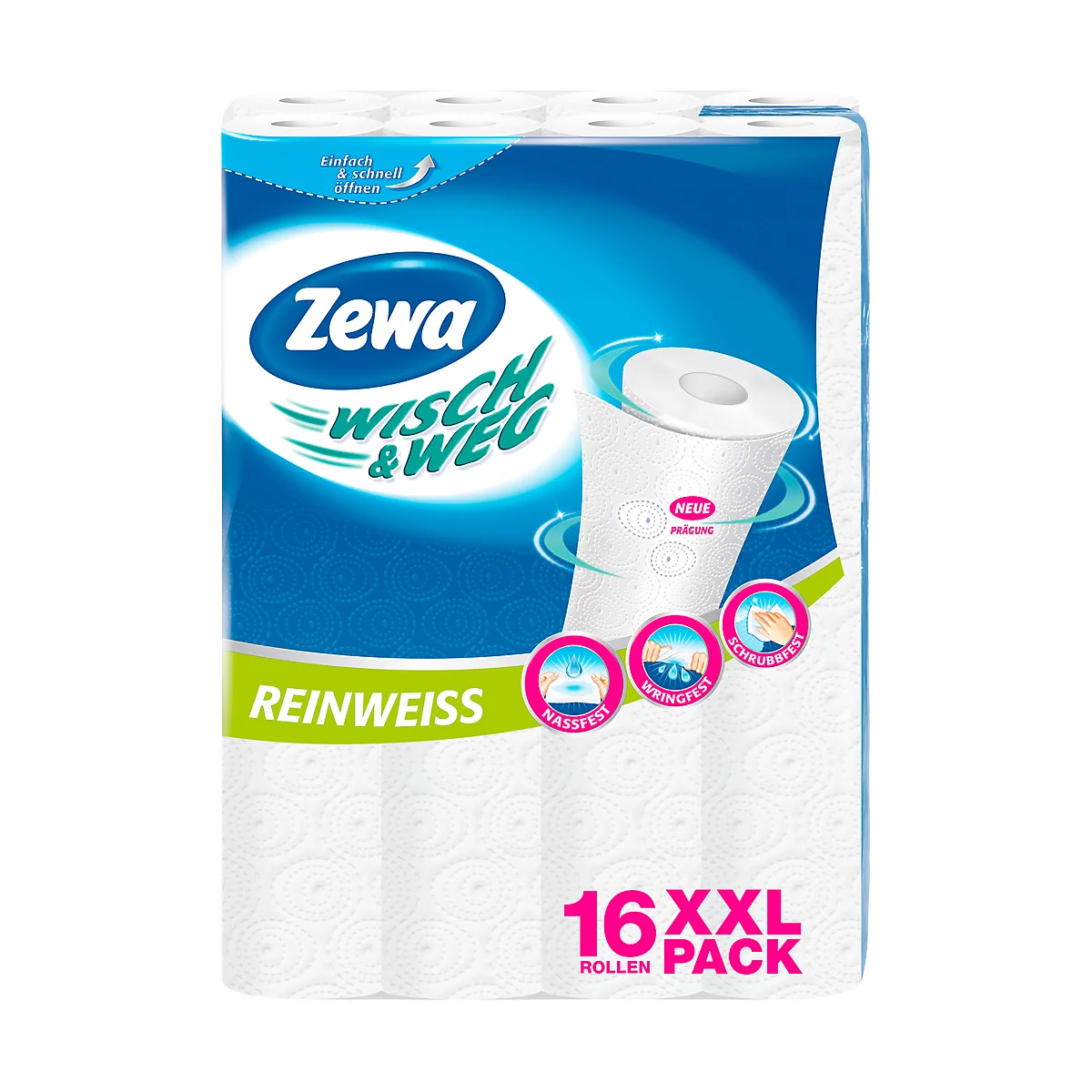 Zewa wipes package, white, with blue accents and product logos. Prints: 'Pure White', '16 XXL Rolls'.