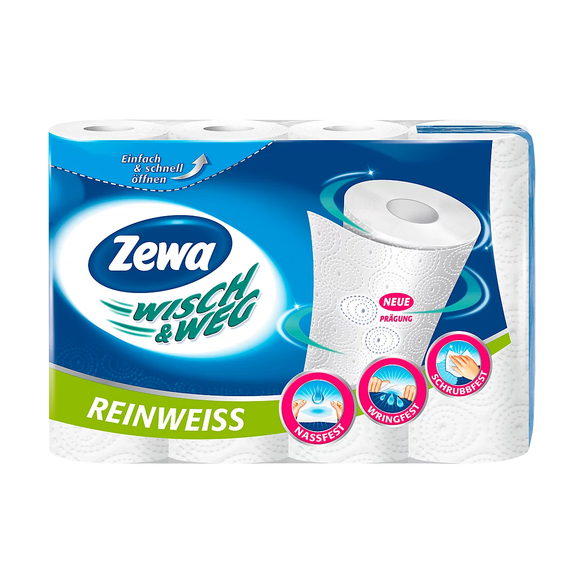 Zewa wipes package, white, with product labeling and illustrations. Product features are highlighted.