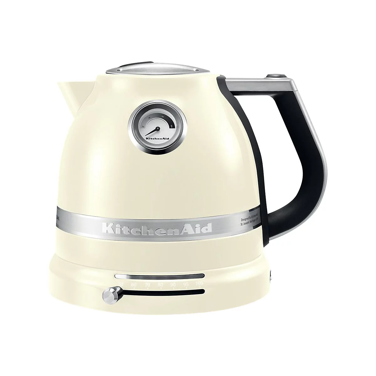 Cremefarbener KitchenAid Wasserkocher mit Temperaturanzeige auf weißem Hintergrund.