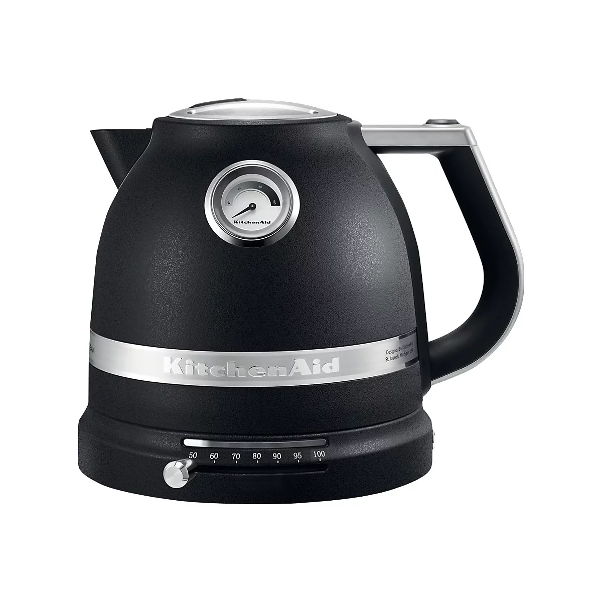Schwarzer KitchenAid Wasserkocher mit Temperaturanzeige auf weißem Hintergrund.