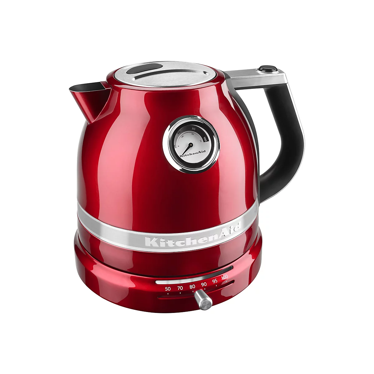 Roter KitchenAid Wasserkocher mit Temperaturanzeige und Regler auf weißem Hintergrund.