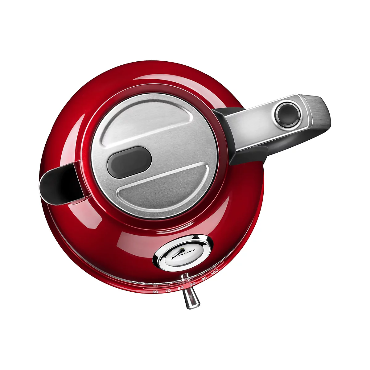 Roter KitchenAid Wasserkocher in der Draufsicht mit Temperaturanzeige und gebürstetem Edelstahldeckel.