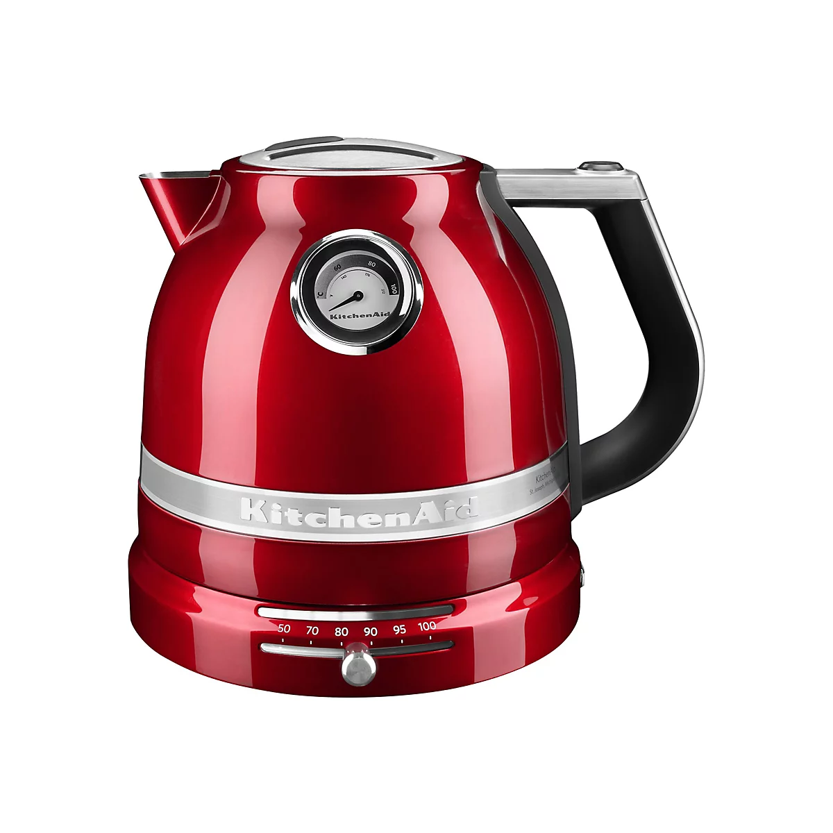 Roter KitchenAid Wasserkocher mit Thermometeranzeige und Temperaturregler an der Basis.