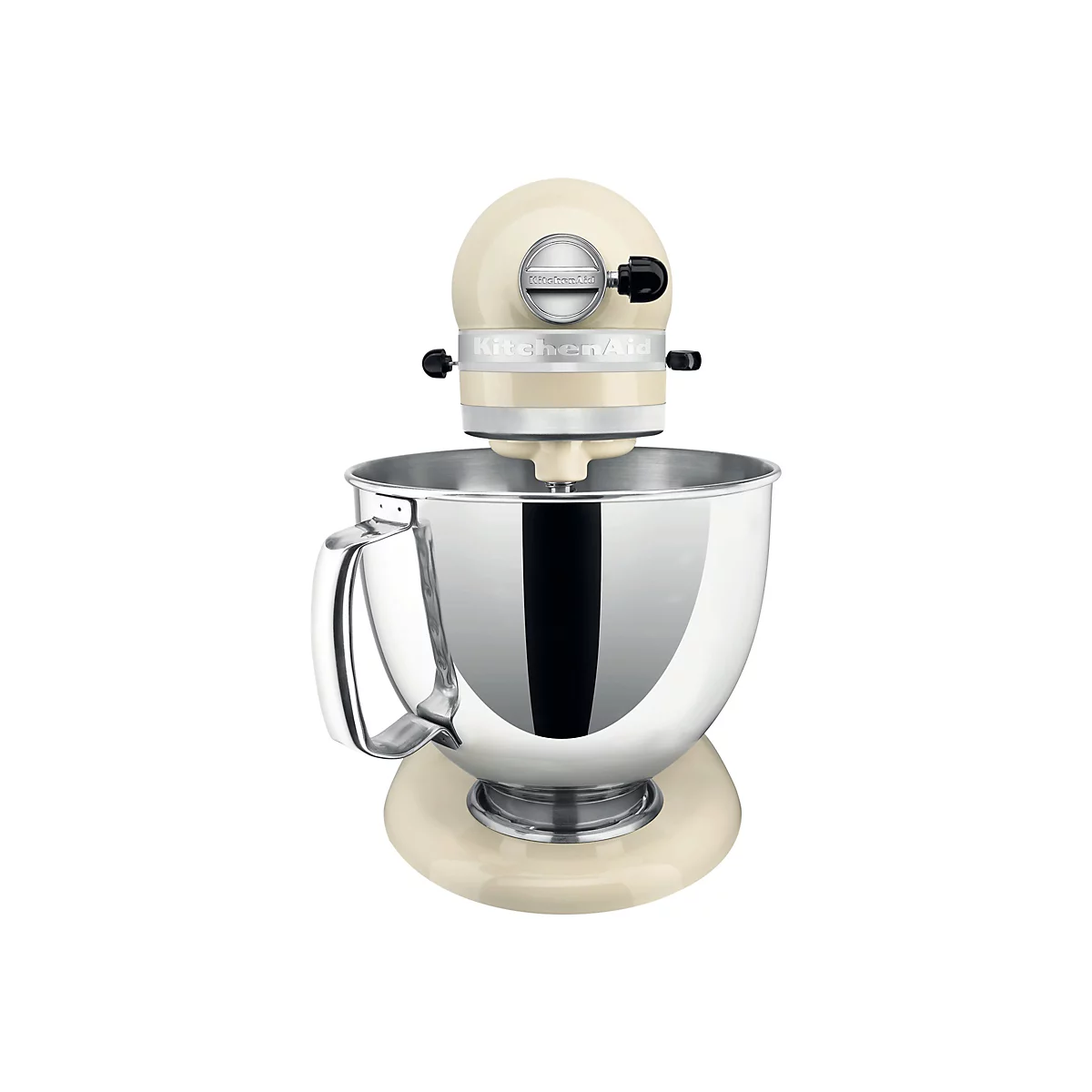Beige KitchenAid Küchenmaschine vor weißem Hintergrund mit großer Edelstahl-Rührschüssel.