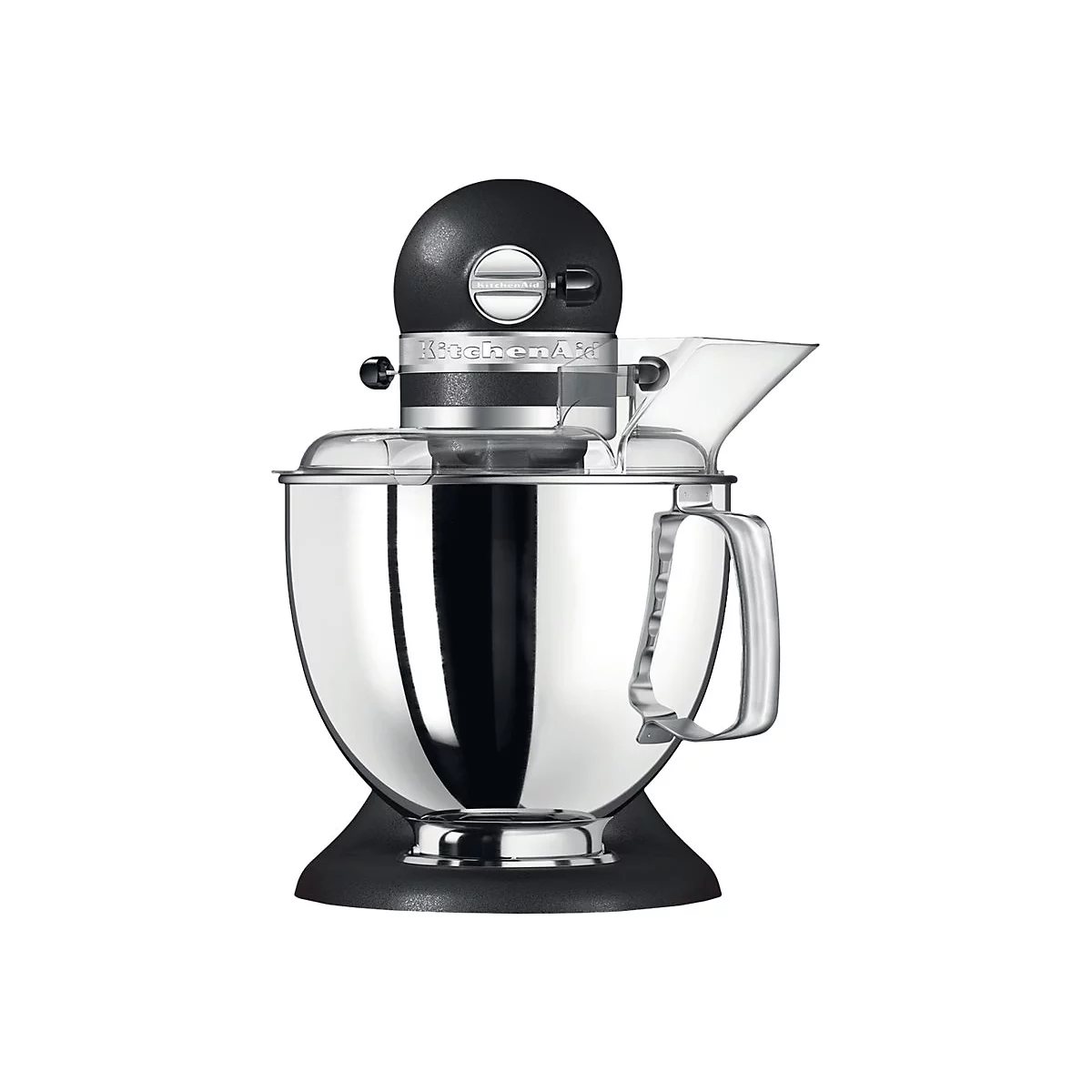 Schwarze KitchenAid Küchenmaschine mit glänzender Edelstahlschüssel und transparentem Spritzschutz.