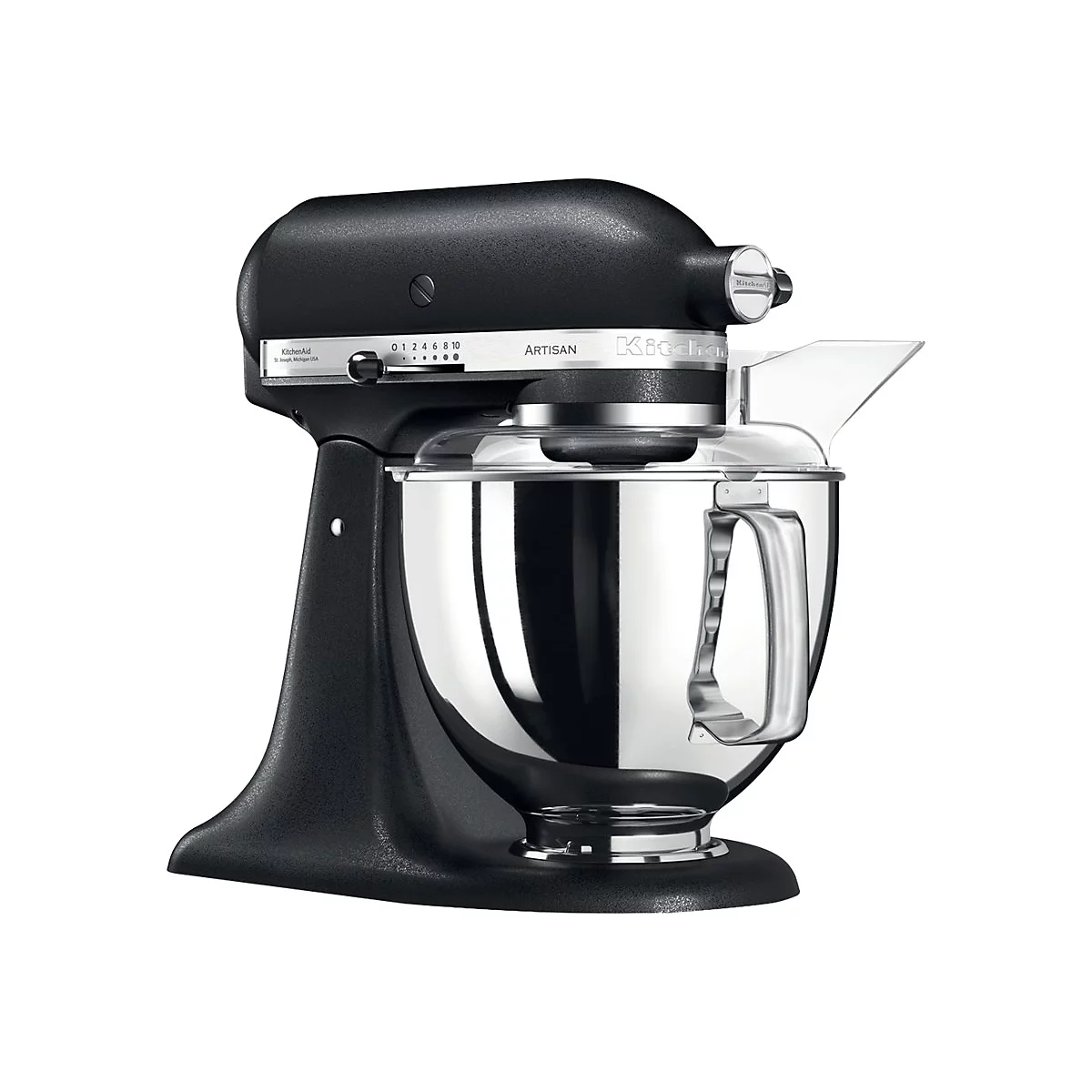 Schwarze KitchenAid Artisan Küchenmaschine mit Edelstahlschüssel vor weißem Hintergrund.