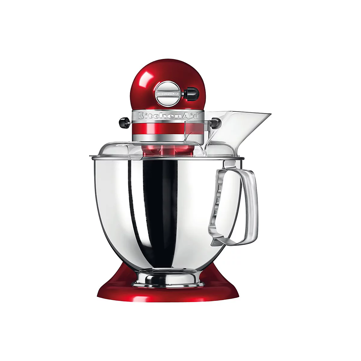 Rote KitchenAid Küchenmaschine mit glänzender Edelstahlschüssel und transparentem Spritzschutz.