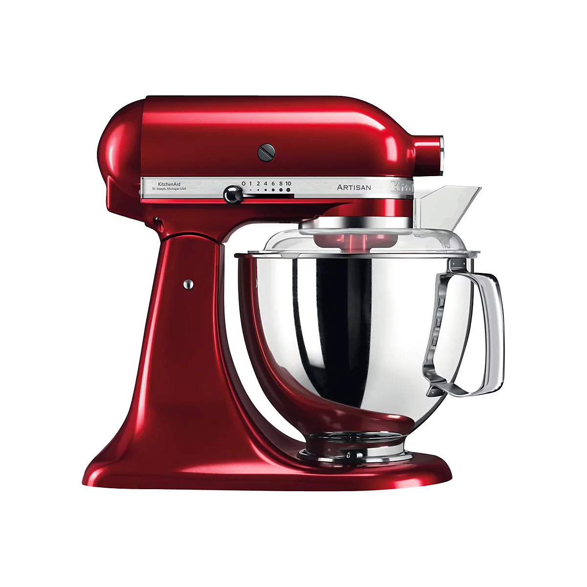 Rote KitchenAid Artisan Küchenmaschine mit Edelstahlschüssel vor weißem Hintergrund.