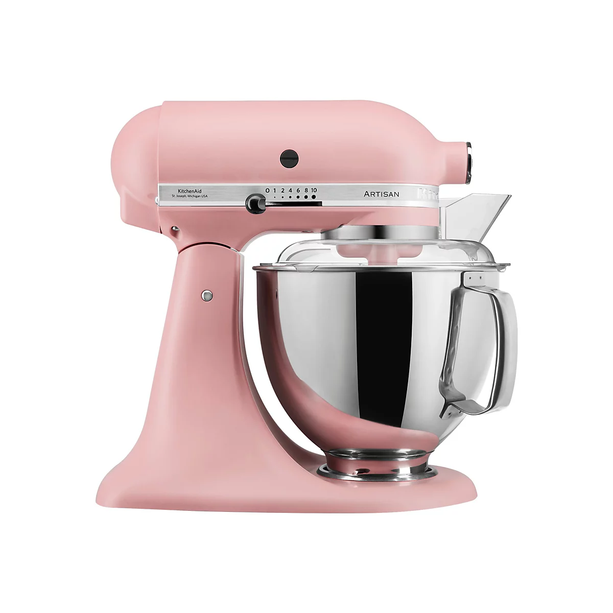Rosa KitchenAid Artisan Küchenmaschine mit Edelstahlschüssel auf weißem Hintergrund.