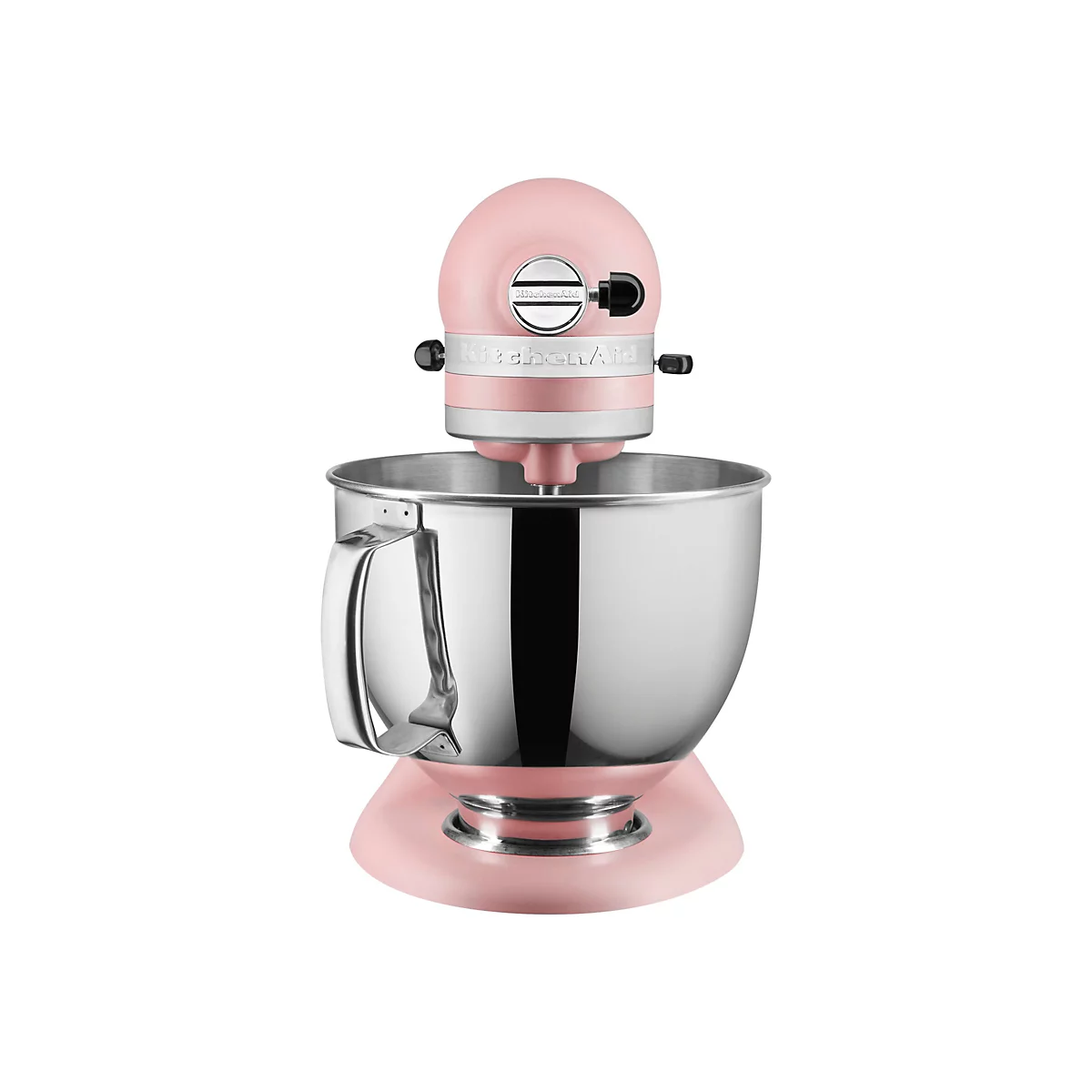 Rosa KitchenAid Küchenmaschine mit glänzender Edelstahlschüssel vor weißem Hintergrund.