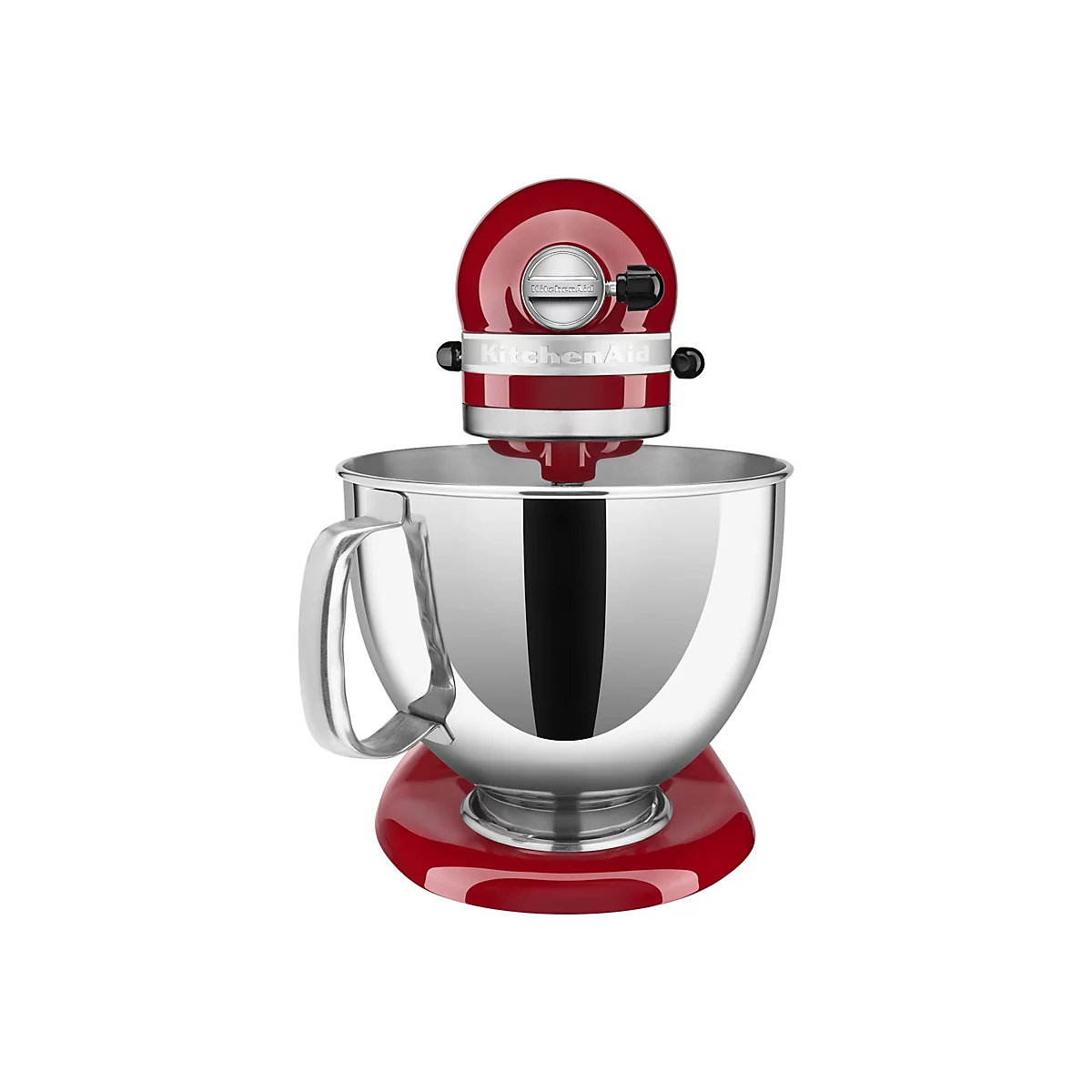 Rote KitchenAid Küchenmaschine mit glänzender Edelstahlschüssel vor weißem Hintergrund.