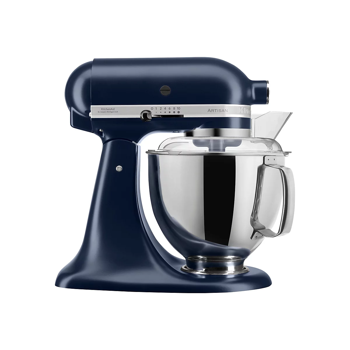 Dunkelblaue KitchenAid Artisan Küchenmaschine mit Edelstahlschüssel vor weißem Hintergrund.