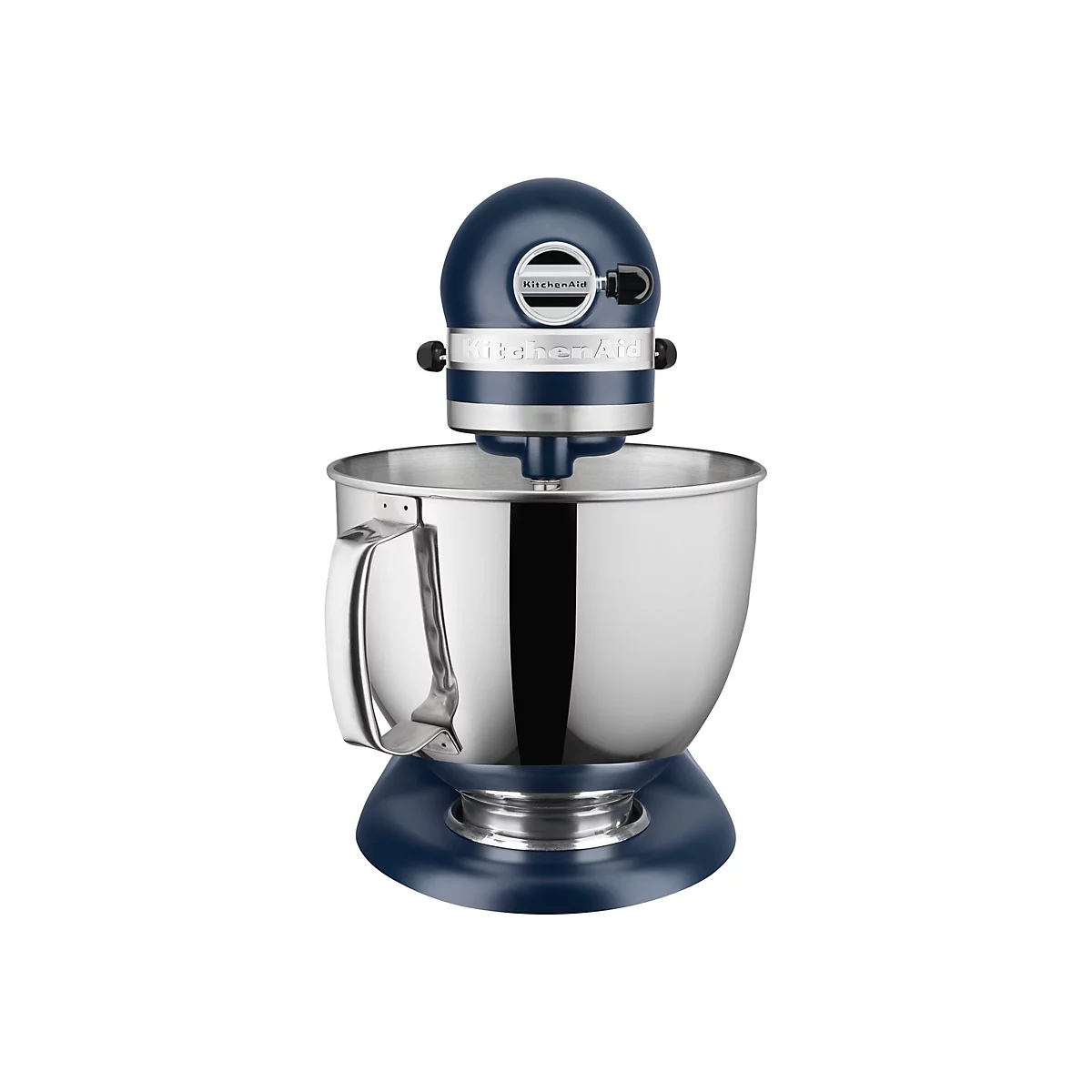 Dunkelblaue KitchenAid Küchenmaschine vor weißem Hintergrund.