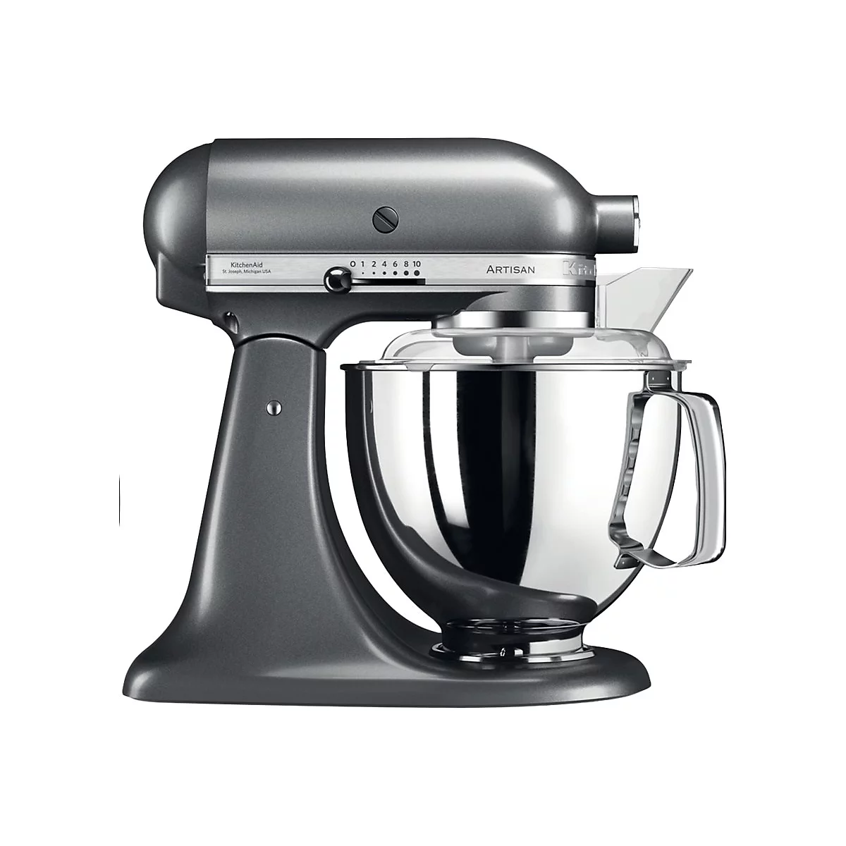 Graue KitchenAid Artisan Küchenmaschine mit Edelstahlschüssel vor weißem Hintergrund.