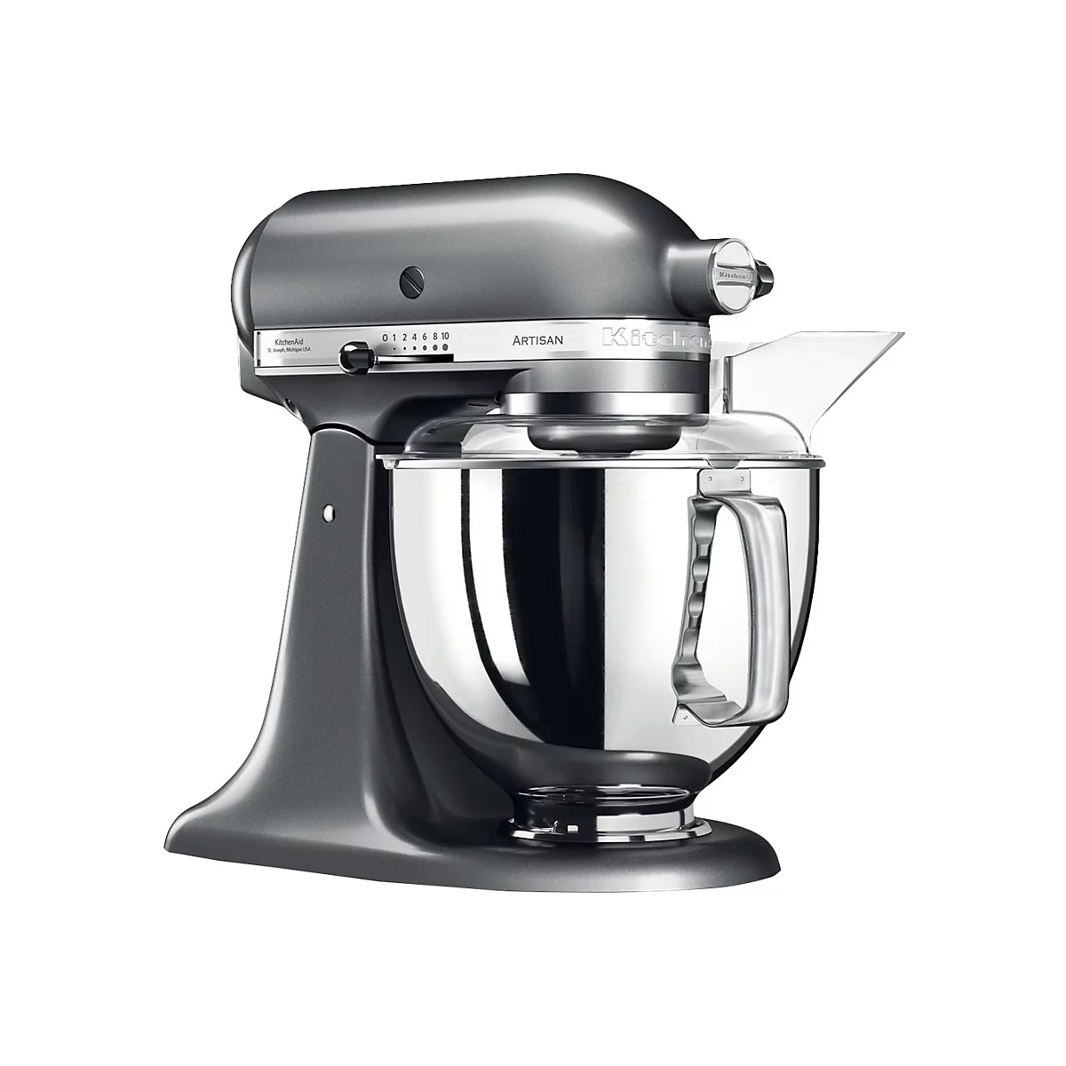 Dunkelgraue KitchenAid Artisan Küchenmaschine mit polierter Edelstahlschüssel vor weißem Hintergrund.