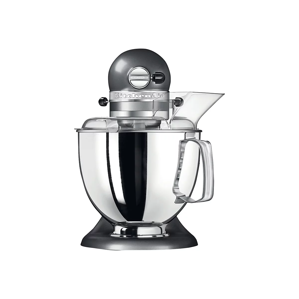 Dunkelgraue KitchenAid Küchenmaschine mit glänzender Edelstahlschüssel und transparentem Spritzschutz.