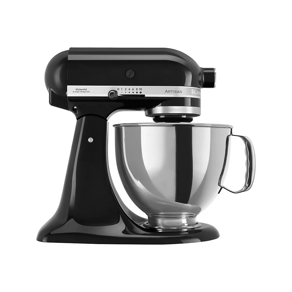 Schwarze KitchenAid Artisan Küchenmaschine mit silberner Edelstahlschüssel vor weißem Hintergrund.