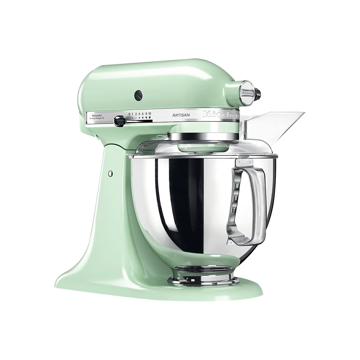 Hellgrüne KitchenAid Artisan Küchenmaschine mit Edelstahlschüssel vor weißem Hintergrund.