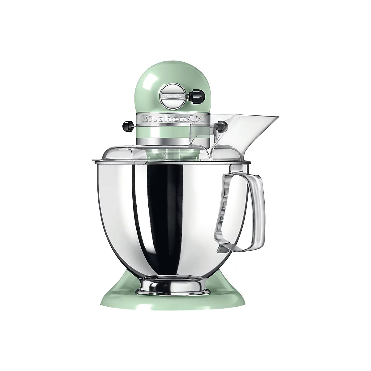 Hellgrüne KitchenAid Küchenmaschine mit Edelstahlschüssel und Spritzschutz vor weißem Hintergrund.