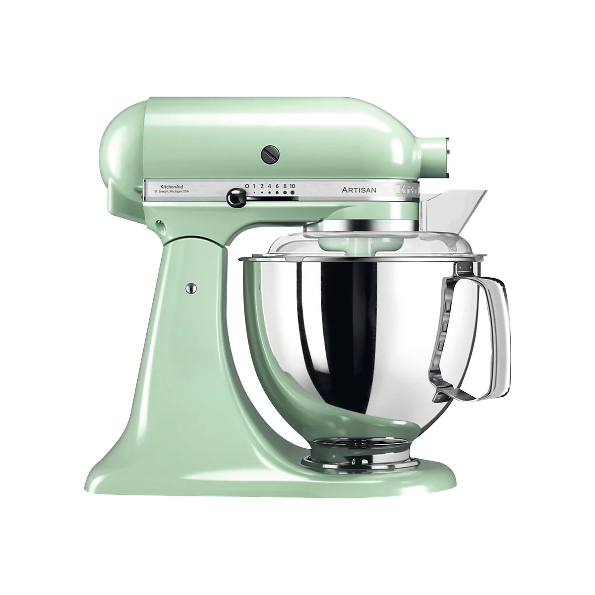 Hellgrüne KitchenAid Artisan Küchenmaschine mit Edelstahlschüssel vor weißem Hintergrund.