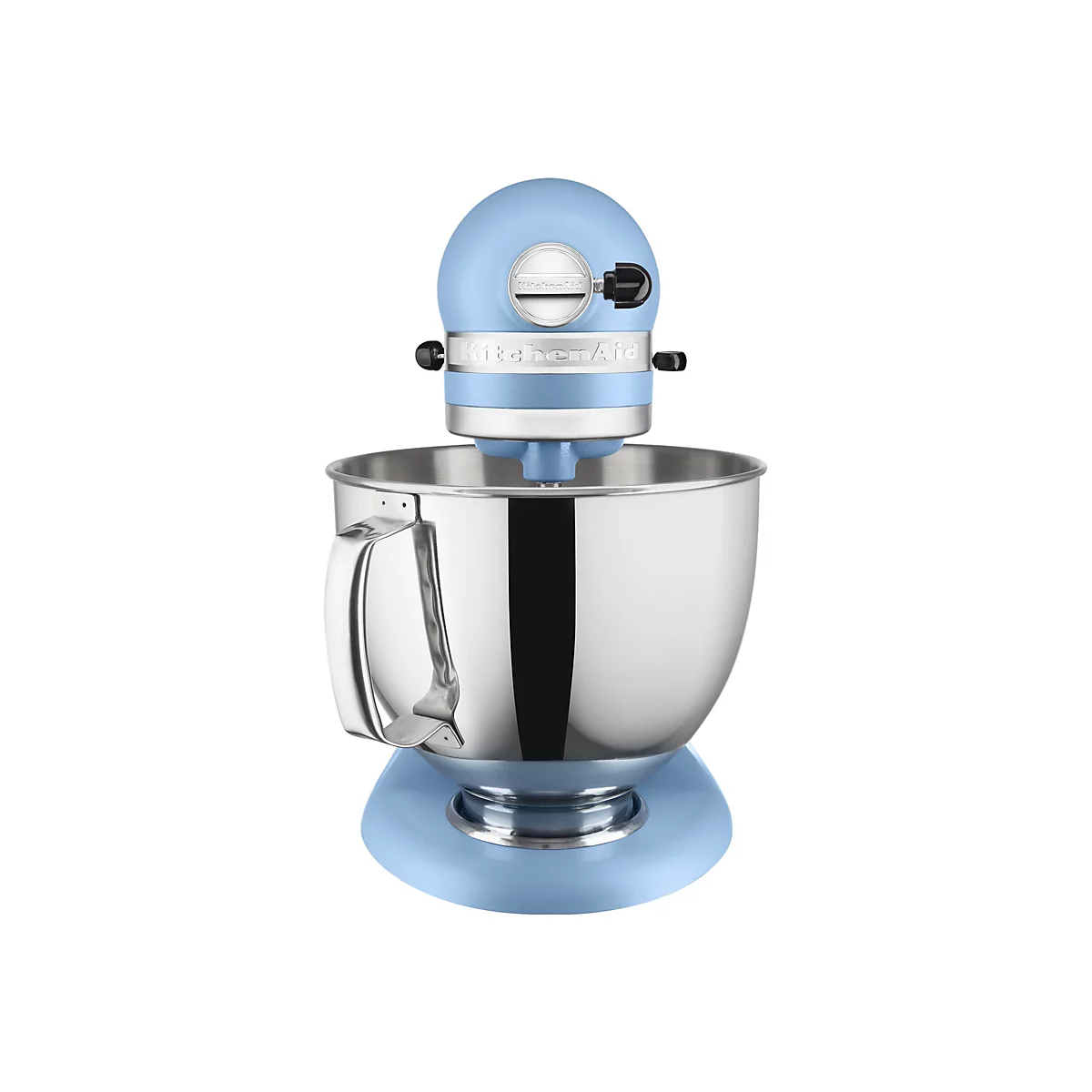 Hellblaue KitchenAid Küchenmaschine mit glänzender Edelstahlschüssel vor weißem Hintergrund.