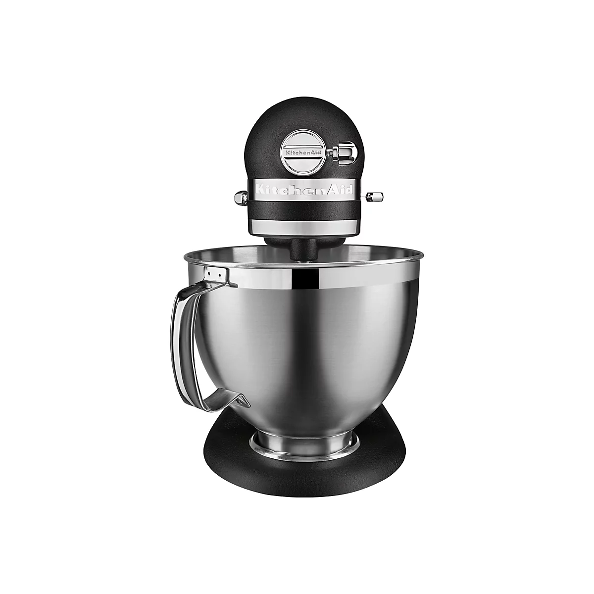 Schwarze KitchenAid Küchenmaschine vor weißem Hintergrund.